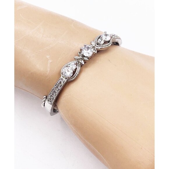Silver Tone Cubic Zirconia Hinged Bangle Bracelet Vintage Style Three Stone - Picture 1 of 9